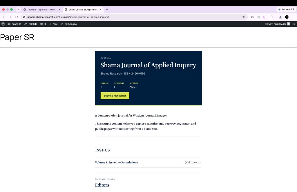 Public journal page on WordPress with title and submit button for authors